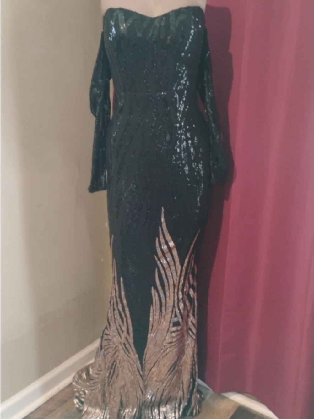 Black Off-Shoulder Sequin Gown with Gold Flame Hem - Picture 2 of 9